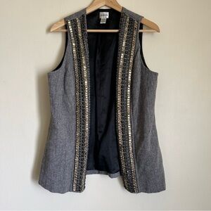 Chicos Grey Tweed Wool Blend Embellished Beaded Vest Open Front medium